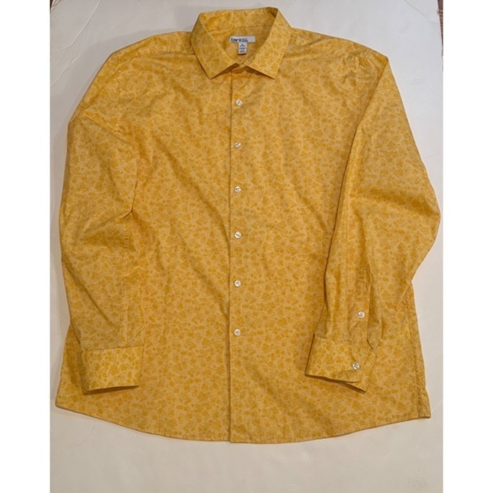 Bar III Mens XL Slim Fit Stretch Organic Cotton Floral Dress Shirt Yellow